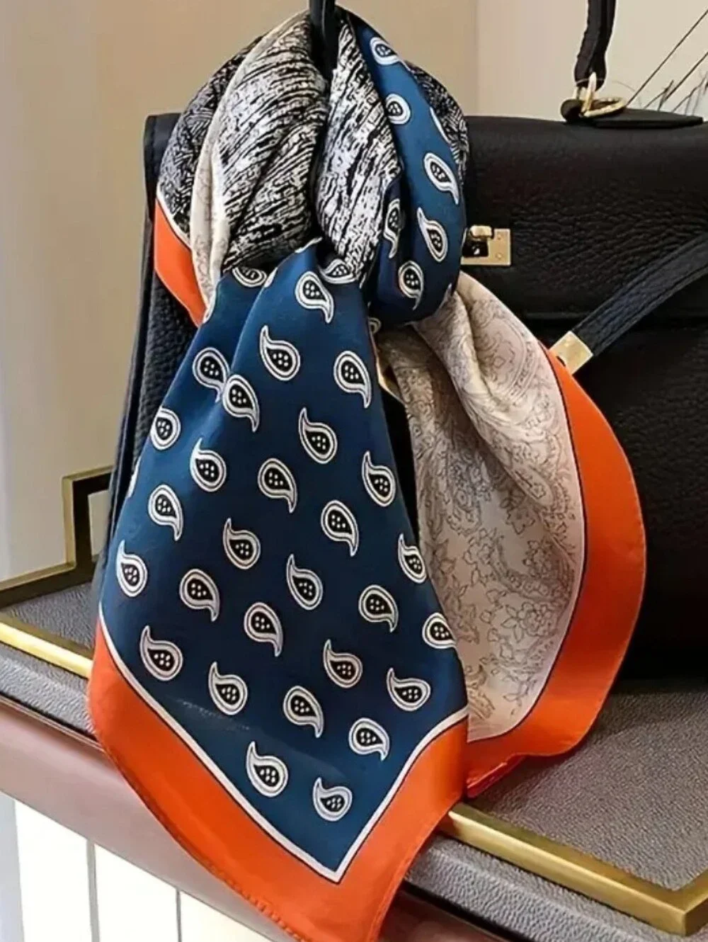 Silk-feel  Patchwork Pocket Square- Orange Head Scarf , Neck Scarf